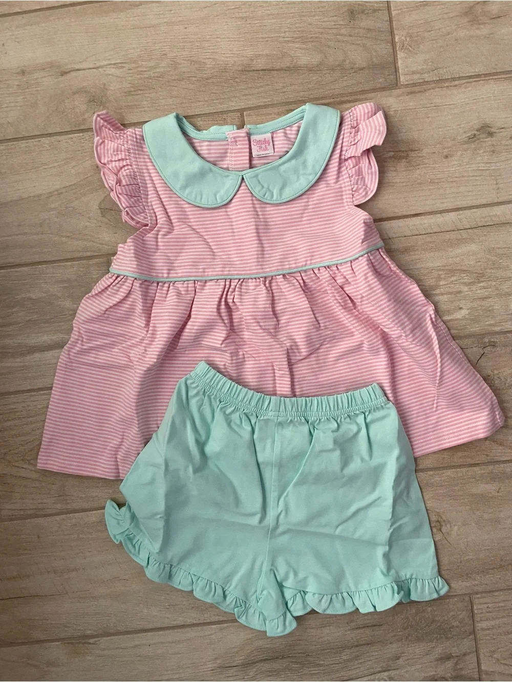 Stitchy Fish Girls 6T XS Small Watermelon Pink & Mint Summer Stripe Short Set